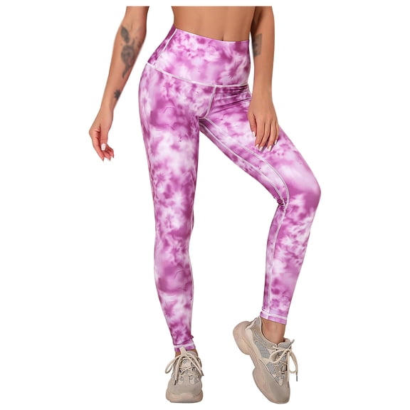 MIUOWANP Women's Yoga Pants with Tummy Control Tie-Dye Print Moisture Wicking Breathable Workout Leggings Size XL(10)Purple Under $10