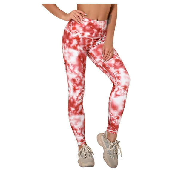 MIUOWANP Women's Yoga Pants with Tummy Control Tie-Dye Print Moisture Wicking Breathable Workout Leggings Size XL(10)Red Under $10