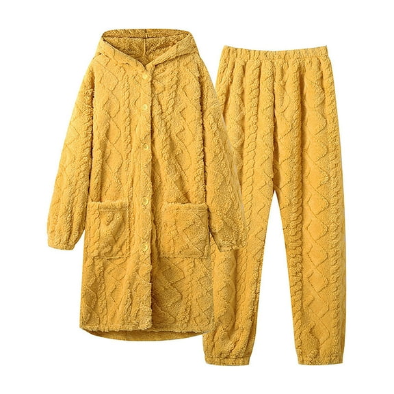 MIUOWANP Womens Big and Tall Pajama Sets Ladies Coral Fleece Flannel Warm Pajamas Set Long Style Cardigan Pocket Hooded Homewear Yellow M