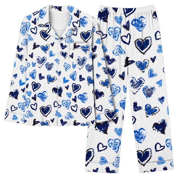 MIUOWANP Womens Big and Tall Pajama Sets Women's Valentine's Day Printed Pajama Set For Daily Home Wear With Pocket Blue XXXL