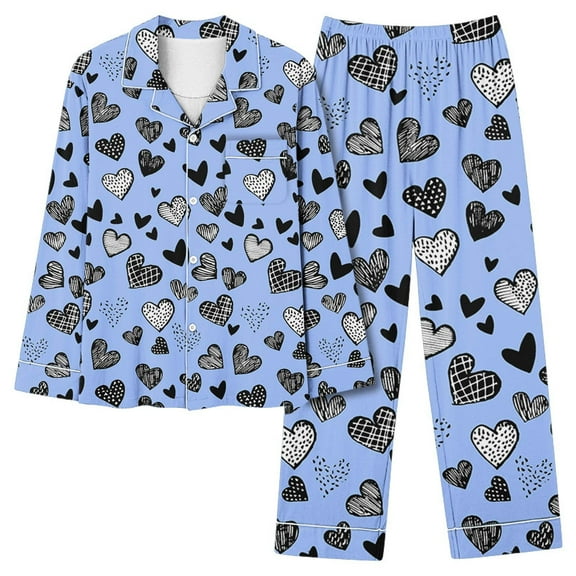 MIUOWANP Womens Big and Tall Pajama Sets Women's Valentine's Day Printed Pajama Set For Daily Home Wear With Pocket Blue XXXL