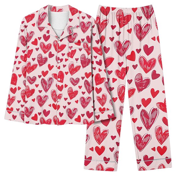 MIUOWANP Womens Big and Tall Pajama Sets Women's Valentine's Day Printed Pajama Set For Daily Home Wear With Pocket Pink XXL