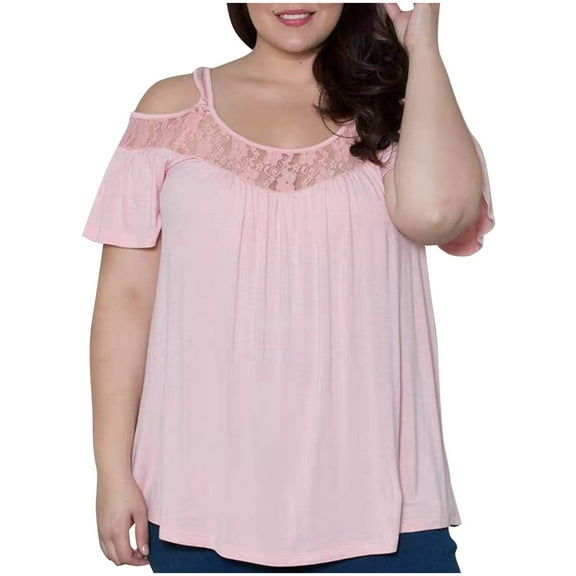 MIUOWANP Womens Casual Loose Tops Plus Size Women's Casual Oversize Solid Short Sleeved Lace Blouse Pullover T-shirt Top Pink M