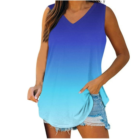 MIUOWANP Womens Casual Sleeveless Tops Summer Loose V-Neck Gradient Color Comfortable Tank Top Plus Size Blue S