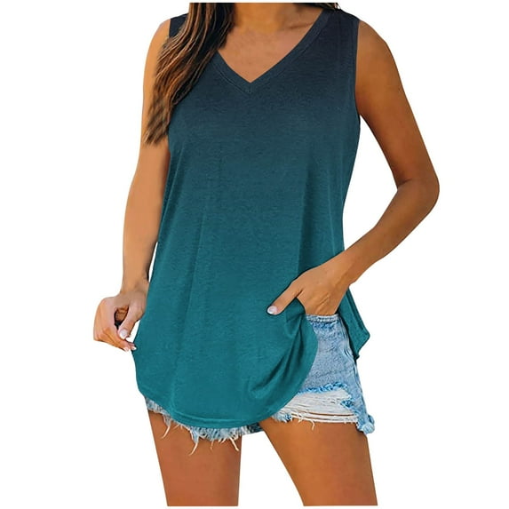 MIUOWANP Womens Casual Sleeveless Tops Summer Loose V-Neck Gradient Color Comfortable Tank Top Plus Size ZB-Dark Blue XL
