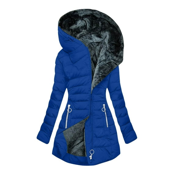 MIUOWANP Womens Coats Winter Women's New Solid Color Long-sleeved Hooded Fashion Cotton-padded Jacket Blue M