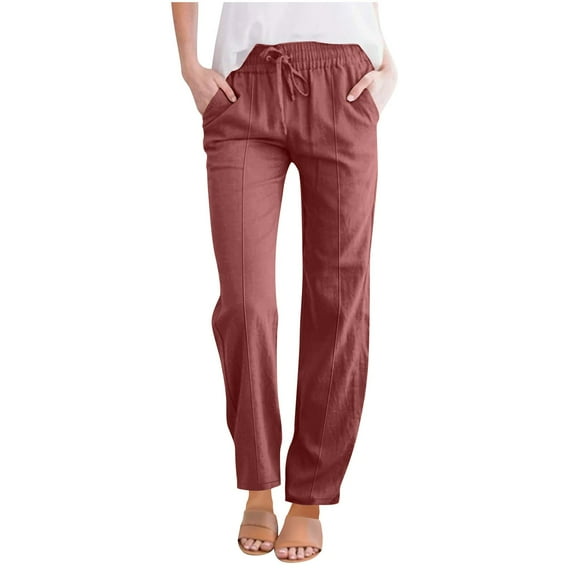 MIUOWANP Womens Cotton And Linen Casual Pants Lace-Up Trousers with Pockets Loose Long Straight Pants for Women