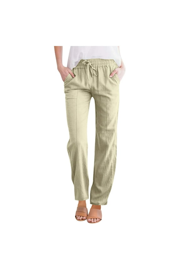 Womens Cotton And Linen Casual Pants Lace-Up Trousers with Pockets Loose Long Straight Pants for Women