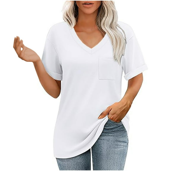 MIUOWANP Womens Cotton Summer Tops Womens T Shirts V-Neck Short Sleeve Summer Tops Casual Basic Tees White XXL
