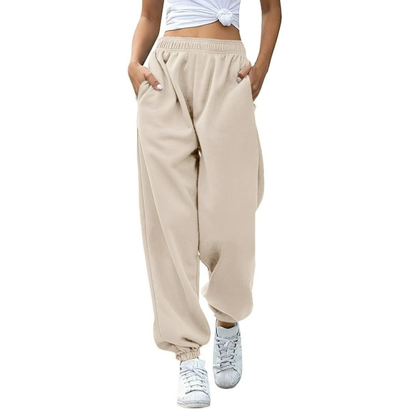 MIUOWANP Womens Cotton Sweatpants Women's Fashion Casual Solid Elastic Waist Trousers Long Straight Pants Beige S