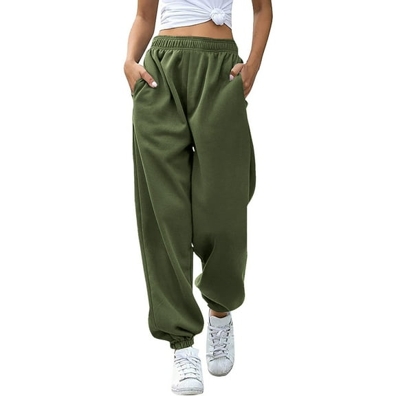 MIUOWANP Womens Cotton Sweatpants Women's Fashion Casual Solid Elastic Waist Trousers Long Straight Pants Green S