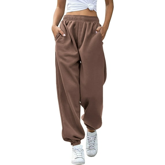 MIUOWANP Womens Cotton Sweatpants Women's Fashion Casual Solid Elastic Waist Trousers Long Straight Pants Khaki XL
