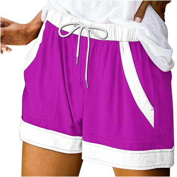 MIUOWANP Womens Elastic Waist Shorts with Pockets Loose Fit Drawstring Waist Printed Shorts Lightweight Breathable Baggy Shorts Size M(6)Purple