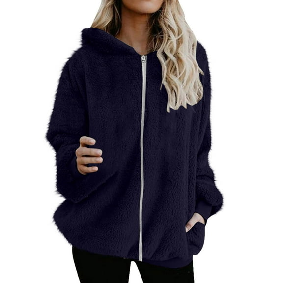 MIUOWANP Womens Fleece Jacket Hooded Fashion Women's Zipper V-Neck Pullover Tops Long Sleeve Hooded Blouse Sweatshirt Navy S