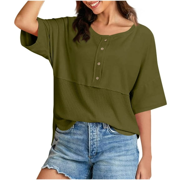 MIUOWANP Womens Half Sleeve Casual Shirt Women's 3/4 Casual Knit Top With Three-quarter Sleeve Patchwork Buttons Army Green XXL
