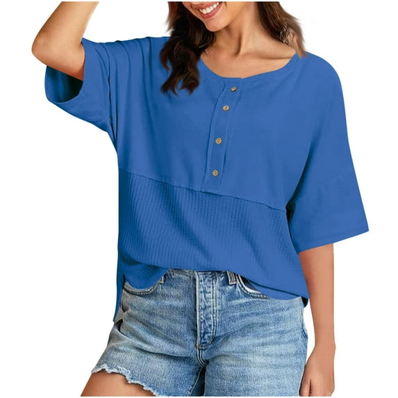 MIUOWANP Womens Half Sleeve Casual Shirt Women's 3/4 Casual Knit Top With Three-quarter Sleeve Patchwork Buttons Blue S