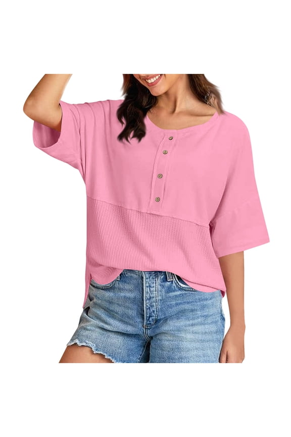 Womens Half Sleeve Casual Shirt Women's 3/4 Casual Knit Top With Three-quarter Sleeve Patchwork Buttons Pink S