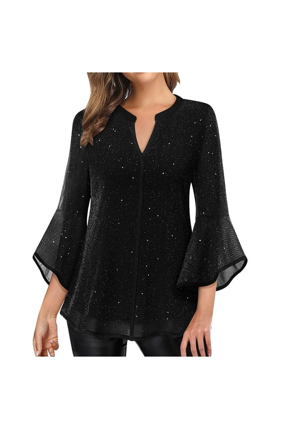 Womens Sequin Tops Women's Solid Sparkling Bronzing 3/4 Sleeve Dressy Blouses Shirts Elegant Holiday Party Gathering Casual Loose Mesh Layered Flowy Tunic Tops Black XXL