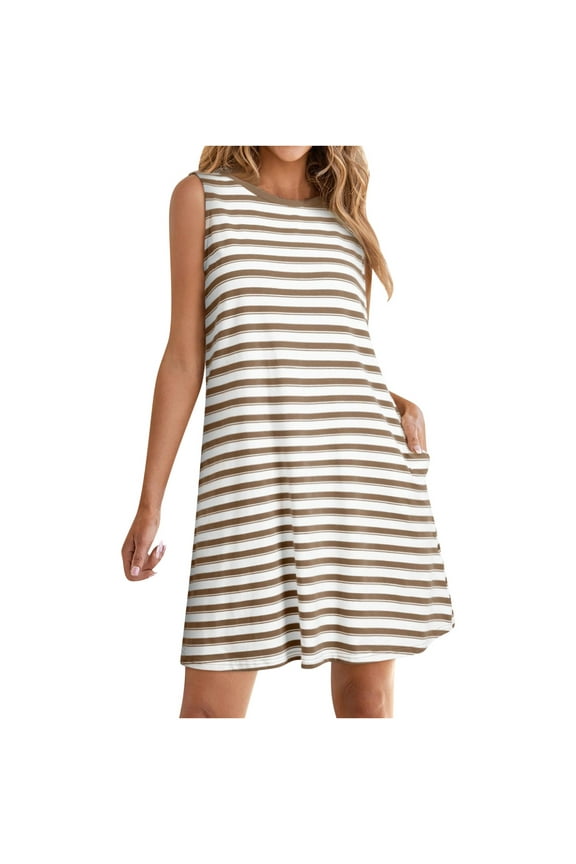 Womens Striped Summer Dresses Crew Neck Sleeveless Casual Loose Breathable Long Maxi Dress for Women