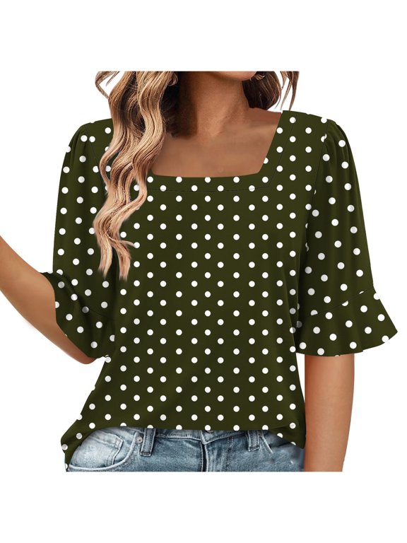 Womens Summer Casual Loose Tops Women's Fashion Summer Wave point Short Sleeve Square-Neck Loose Blouses A-Army Green S