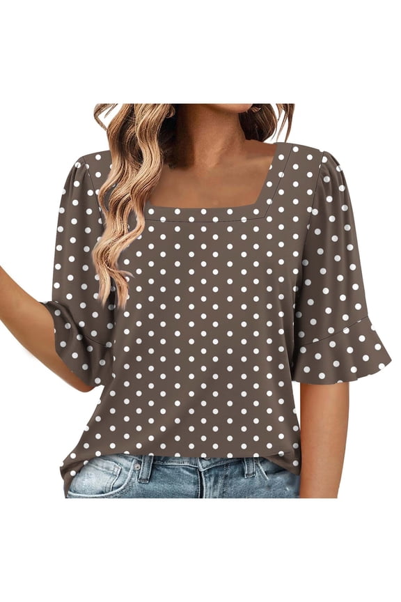 Womens Summer Casual Loose Tops Women's Fashion Summer Wave point Short Sleeve Square-Neck Loose Blouses A-Brown S