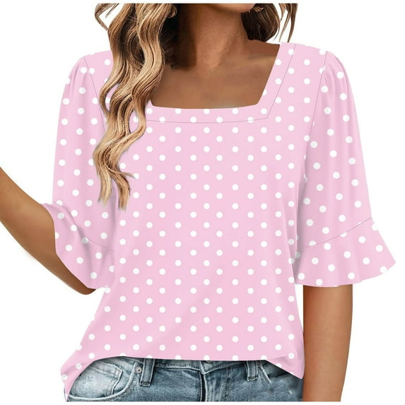 MaFYtyTPR Womens Summer Casual LooseTops Women's Fashion Summer Wave point Short Sleeve Square-Neck Loose Blouses