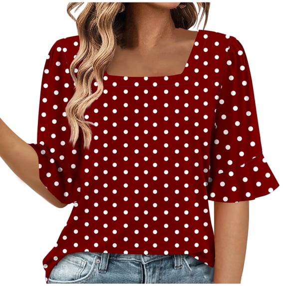 MaFYtyTPR Womens Summer Casual Loose Tops Women's Fashion Summer Wave point Short Sleeve Square-Neck Loose Blouses A-Red S