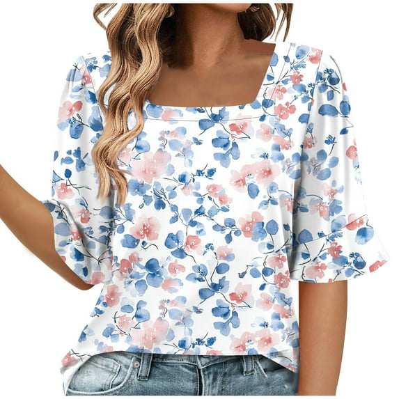 MIUOWANP Womens Summer Casual Printed Tops Women's Fashion Summer Printed Short Sleeve Round-Neck Loose Blouses Pink XL