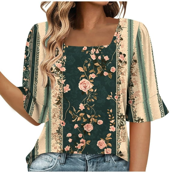 MIUOWANP Womens Summer Casual Printed Tops Women's Fashion Summer Printed Short Sleeve Round-Neck Loose Blouses ZA-Brown L
