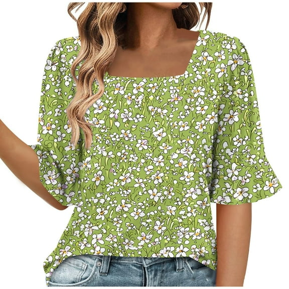 MIUOWANP Womens Summer Casual Printed Tops Women's Fashion Summer Printed Short Sleeve Round-Neck Loose Blouses ZA-Mint Green S