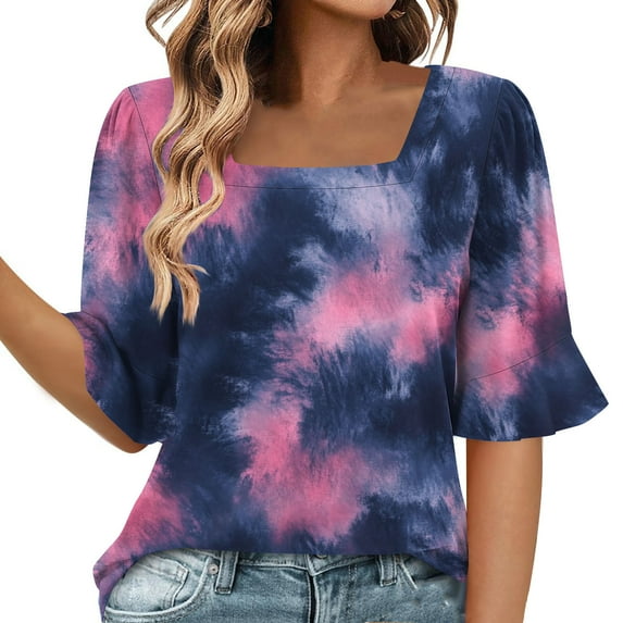 MaFYtyTPR Womens Summer Casual Printed Tops Women's Fashion Summer Printed Short Sleeve Square Neck Loose Blouses ZA-Multicolor XL