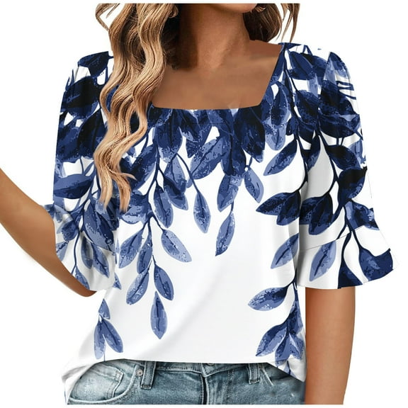 MIUOWANP Womens Summer Casual Printed Tops Women's Fashion Summer Printed Short Sleeve Square Neck Loose Blouses Blue L