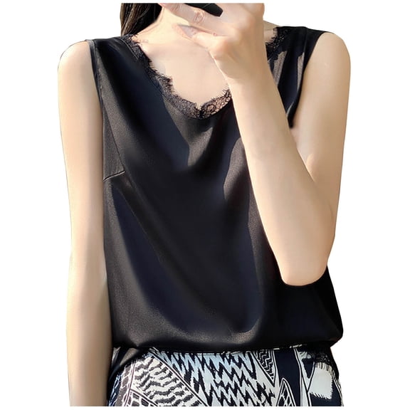 MIUOWANP Womens Summer Sleeveless Tank Tops 2025 Fashion Women's Casual Solid Color Loose And Comfortable Sleeveless V-Neck Lace Tank Top Black S