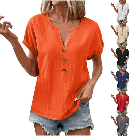 MIUOWANP Womens Summer Tops Plus Size Loose Short Sleeve Shirts Solid Color V-Neck Button Fashion Top Gray S