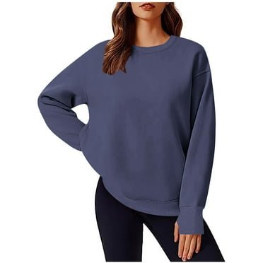 MIUOWANP Womens Sweatshirts Crewneck Women's Ladies' Fashionable Casual Solid Color Long Sleeved Round Neck Sweatshirt With Pocket Navy L