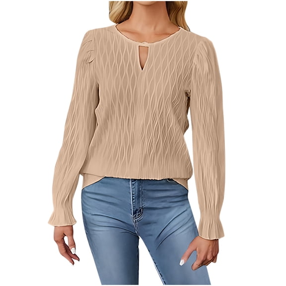 MIUOWANP Womens Sweatshirts Crewneck Women's Solid Color Long Sleeved Round Neck Hollow Breathable Top Khaki L