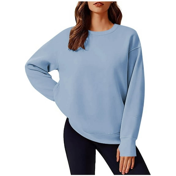 MIUOWANP Womens Sweatshirts No Hood Ladies' Fashionable Casual Solid Color Long Sleeved Round Neck Embroidered Sweatshirt With Collar Blue M
