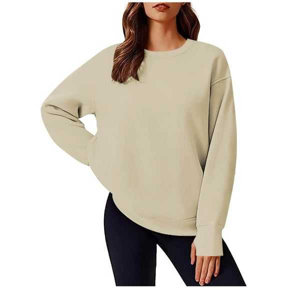MIUOWANP Womens Sweatshirts No Hood Ladies' Fashionable Casual Solid Color Long Sleeved Round Neck Embroidered Sweatshirt With Collar Khaki S