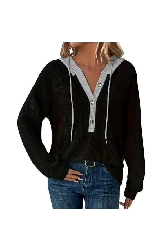 Womens Sweatshirts with Hooded Women's Long Sleeved Pullover Drawstring Hooded Color Blocked Jacket Top Black S