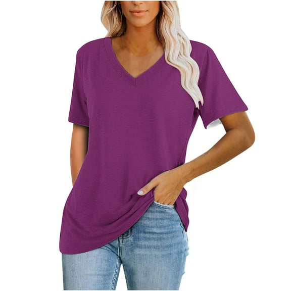MIUOWANP Womens T-shirts Casual Solid Color Loose Fit V-neck Short Sleeve Top Size XXL(12)Purple