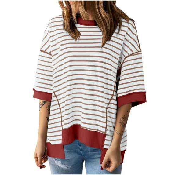 MIUOWANP Womens Tops Casual Crewneck Middle Sleeve Striped Color Block Hem Trendy Pullover Shoulder Drop T Shirts Blouse New Edition Top Shirt Clearance Deals Red XXL