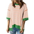 thumbnail image 1 of MIUOWANP Womens Tops Casual Crewneck Middle Sleeve Striped Color Block Hem Trendy Pullover Shoulder Drop T Shirts Blouse New Edition Top Shirt Clearance Deals Orange M, 1 of 6
