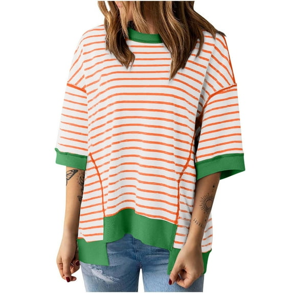 MIUOWANP Womens Tops Casual Crewneck Middle Sleeve Striped Color Block Hem Trendy Pullover Shoulder Drop T Shirts Blouse New Edition Top Shirt Clearance Deals Orange M
