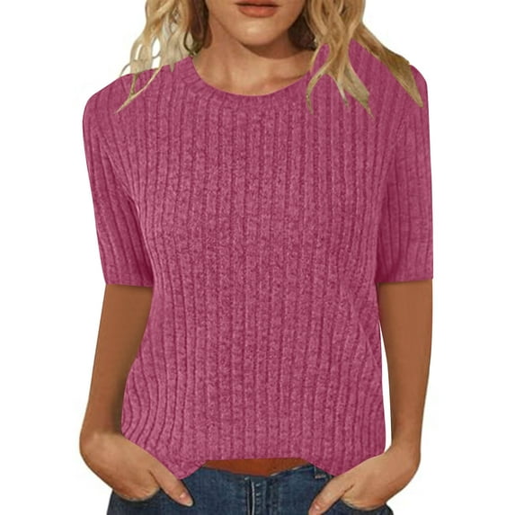 MIUOWANP 3/4 Sleeve Tops for Women Women's Fashion Solid Color Half Sleeves RoundNeck Casual Shirts Pullover Blouse Hot Pink L