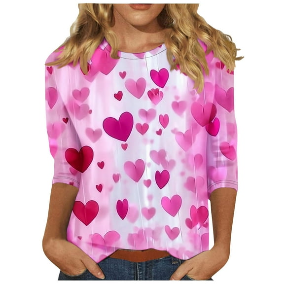 MIUOWANP Womens Valentine Tops 3/4 Sleeve Fashionable Women's 3/4 Sleeve Valentine's Day Printed Round Neck Pullover Top Multicolor L