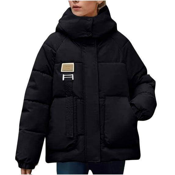 MIUOWANP Womens Winter Coats 3XL Women's Long-sleeved Hooded Stand-up Collar Casual Cotton-padded Jacket Black XL
