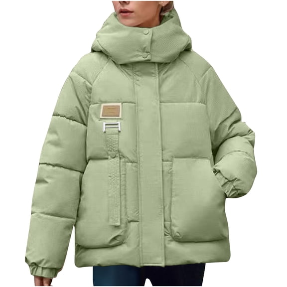 MIUOWANP Womens Winter Coats 3XL Women's Long-sleeved Hooded Stand-up Collar Casual Cotton-padded Jacket Green XL