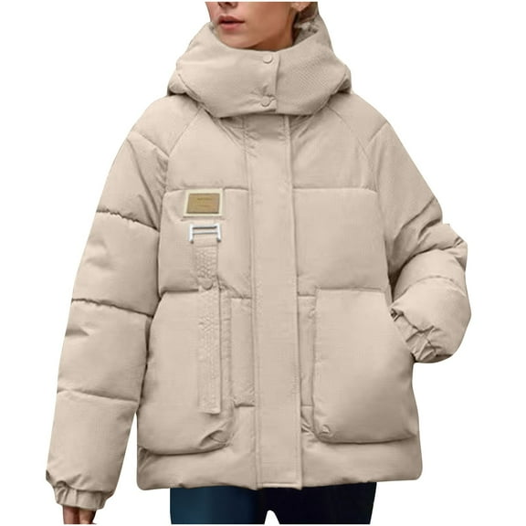 MIUOWANP Womens Winter Coats 3XL Women's Long-sleeved Hooded Stand-up Collar Casual Cotton-padded Jacket Khaki XXL