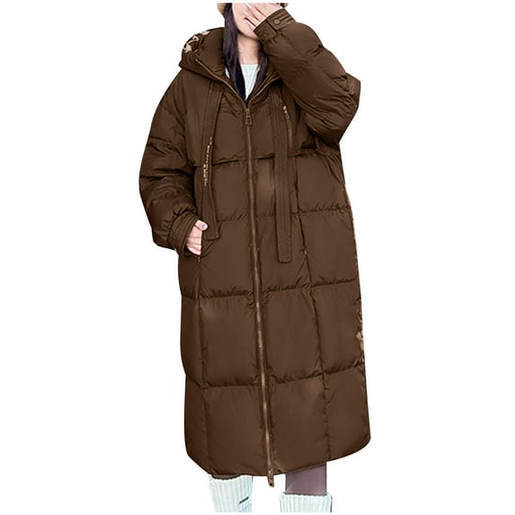 MIUOWANP Womens Winter Coats Clearance Women's Fall And Winter Solid Color Cotton Coat Warm Pocket Cotton Coat Long Sleeve Hooded Casual Coat/Jacket Coffee L