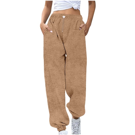 MIUOWANP Womens Winter Fleece Sweatpants Women's Winter Plush Sleeping Pants Soft Solid Color Comfortable Plush Ankle Tied Casual Pants Coffee XXL